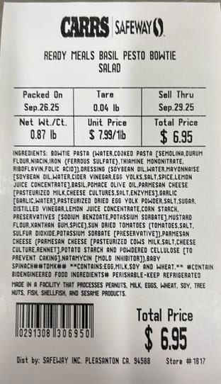 UPDATE - Albertsons Companies Voluntarily Recalls Select Store-Made Deli Items Containing Bowtie Pasta Supplied by Fresh Creative Foods Due to an Ingredient Recall for Possible Listeria monocytogenes Contamination