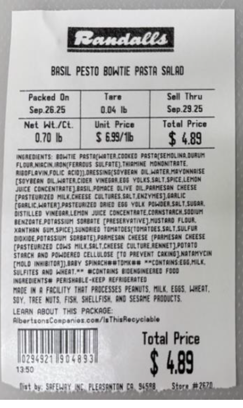 Albertsons Companies Voluntarily Recalls Select Store-Made Deli Items Containing Bowtie Pasta Supplied by Fresh Creative Foods Due to an Ingredient Recall for Possible Listeria monocytogenes Contamination