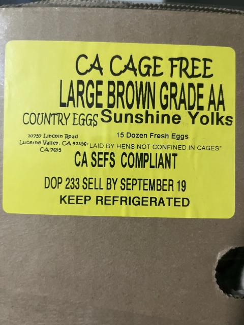 Country Eggs, LLC Recalls Large Brown Cage Free “Sunshine Yolks” Because of Possible Health Risk