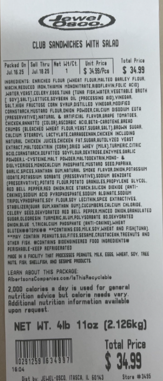 Jewel Osco Stores in Illinois, Indiana and Iowa Voluntarily Recalls Select Items Containing Tuna Salad from Reser’s Fine Foods Due to an Ingredient Recall Linked to Possible Listeria Monocytogenes Contamination