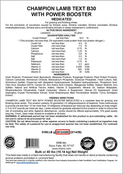 CHS Inc. Recalls Payback Champion Lamb Feed Due to Elevated Copper Health Risk