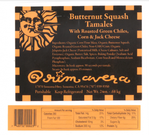 Primavera Nueva Inc. Issues Voluntary Recall of Select 4-Count Tamales Because of Possible Health Risk- Revised to Include Roasted Pumpkin & White Cheddar, a Seasonal Item