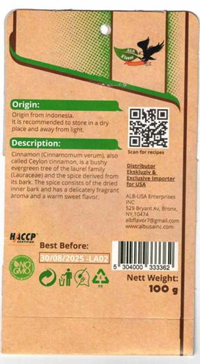 ALB-USA Enterprises Recalls ALB Flavor Ground Cinnamon Because of Possible Health Risk