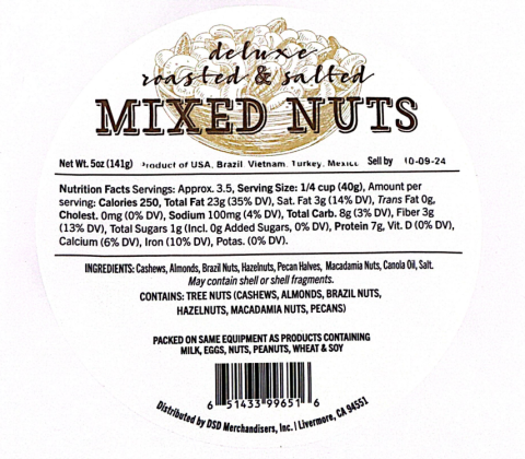 DSD Merchandisers, LLC Announces Voluntary Recall of Deluxe Roasted & Salted Mixed Nuts Due to Undeclared Peanut