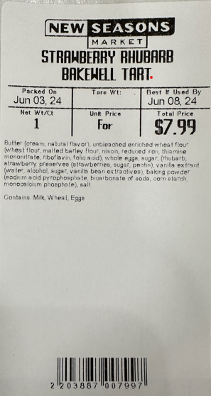 New Seasons Market Issues Allergy Alert on Undeclared Almonds in Strawberry Rhubarb Bakewell Tart
