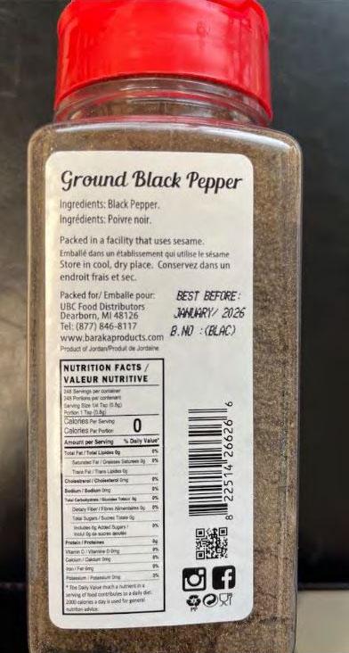 UBC Food Distributors Recalls Baraka Brand Ground Black Pepper Spice Because of Possible Health Risk Announcement