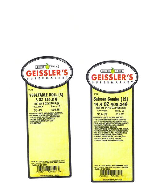 Geisslers Supermarket Inc. Issues Allergy Alert on Undeclared Egg, Wheat, and Milk in Sushi Product