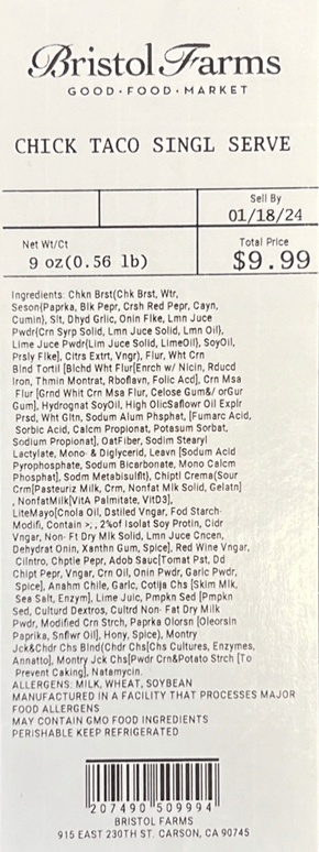 Bristol Farms Recalls Chicken Taco Kit Because of Possible Health Risk