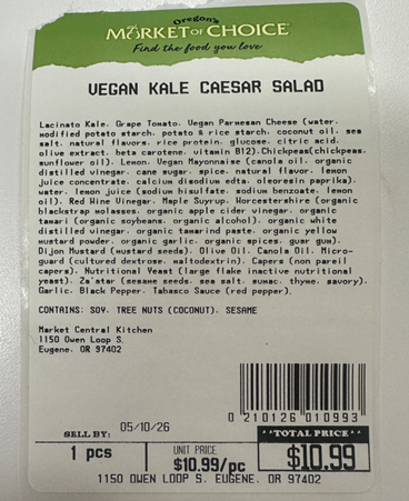 Market of Choice Issues Allergy Alert on Undeclared Sesame in Vegan Kale Caesar Salad