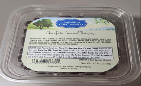 Lehi Valley Trading Company Issues Allergy Alert on Undeclared Peanuts in Chocolate Covered Raisins